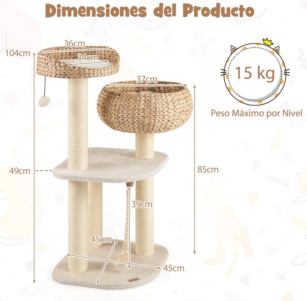 Arranhador para gatos com poleiros 45 x 45 x 104 cm, camas em forma de cesta, bola pendurada, corda e paus para arranhar  Branco