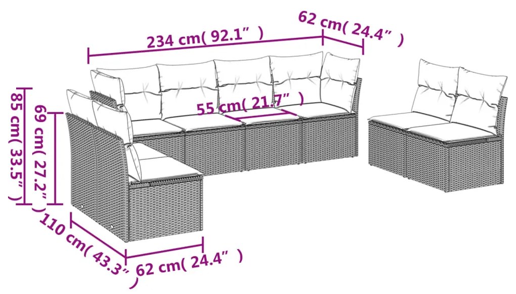 8 pcs conj. sofás jardim c/ almofadões vime PE cinzento-claro