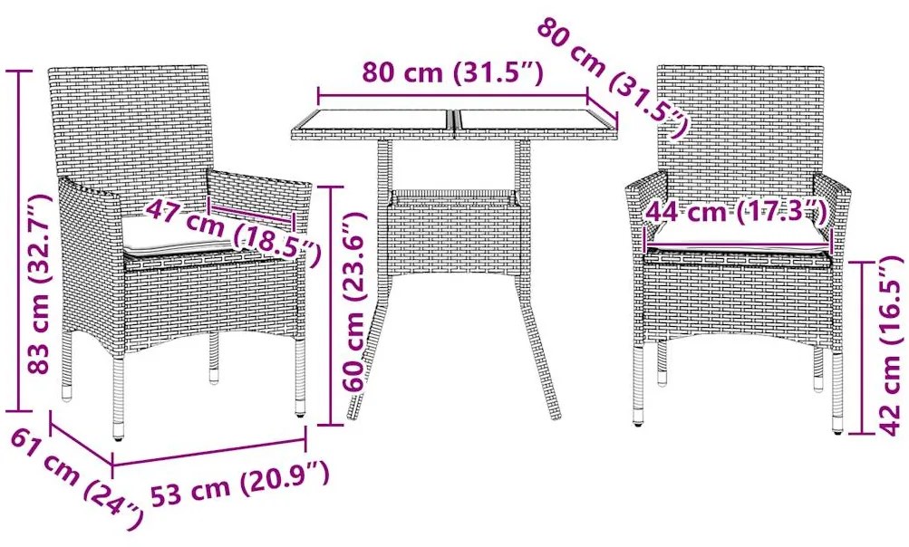 3pcs conjunto jantar jardim c/almofadões vime PE/vidro castanho