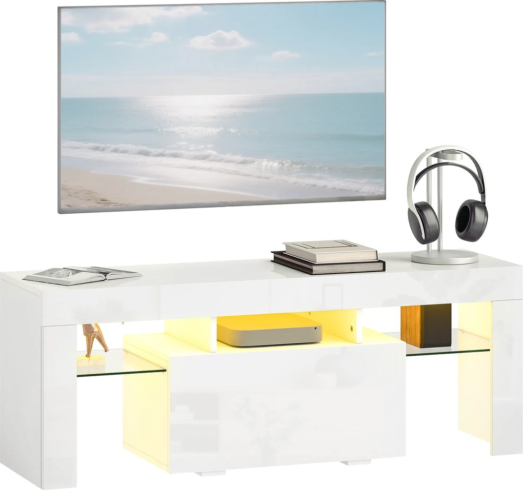Móvel para televisão com iluminação LED RGB, acabamento de alto brilho, prateleiras em vidro temperado, 120 x 34 x 45 cm, branco