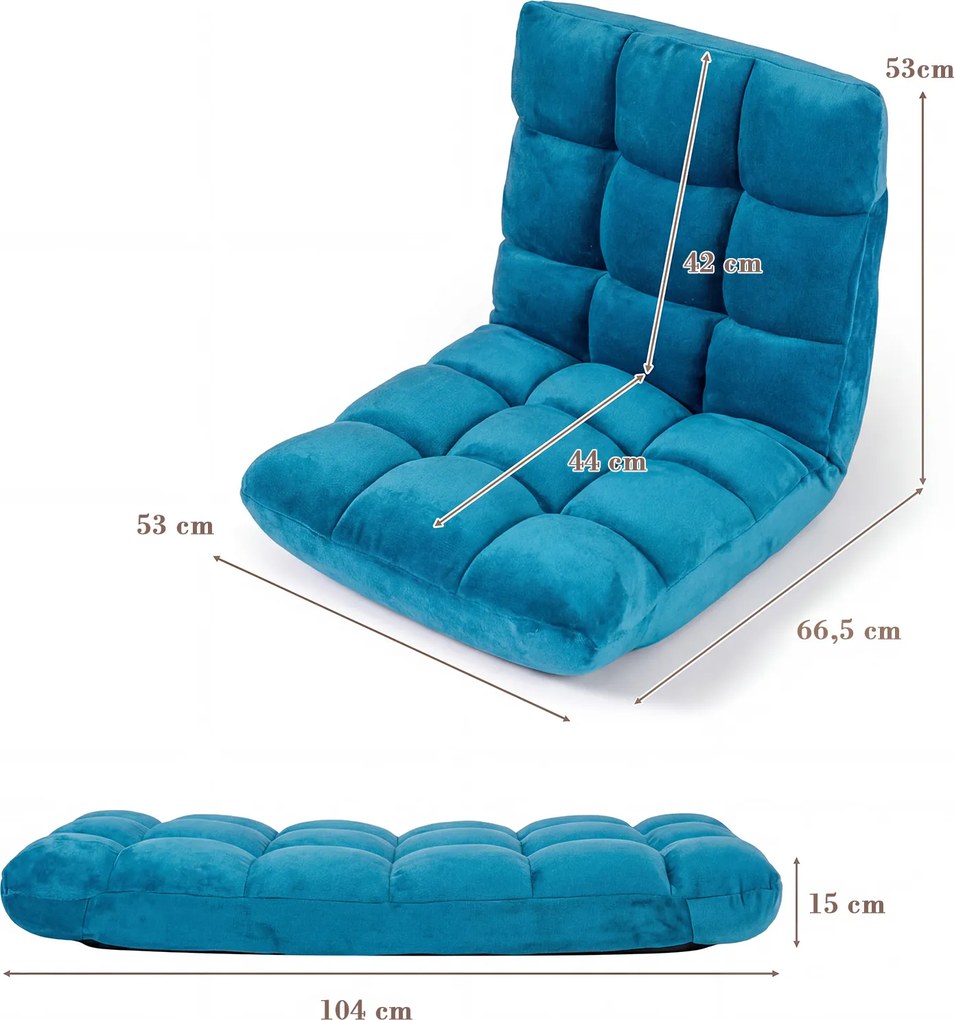 Cadeira de Chão Dobrável, 104 x 53 x 15 cm, Encosto Ajustável em 14 Posições, Azul