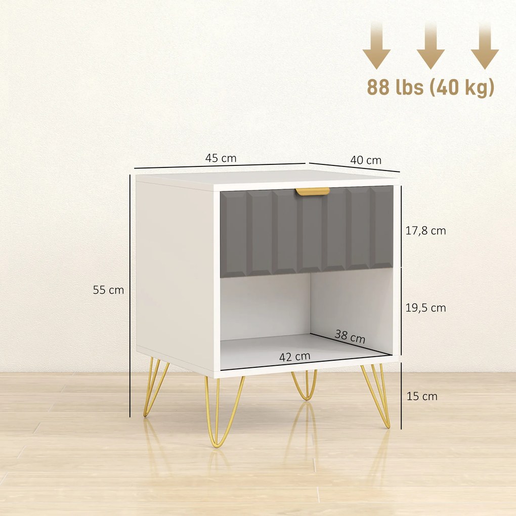 Mesa de cabeceira 45 x 40 x 55, mesa auxiliar com compartimento aberto, gaveta e puxador, pés em aço, branca