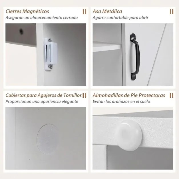 Mesa apoio, mesa cabeçeira Rústica 60 x 60 x 61 cm com Estação de Carregamento, com Porta Deslizante para Quarto e Sala Branco + Natural
