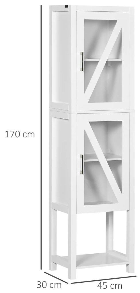 Coluna Casa de Banho com 2 Portas de Vidro Prateleiras Ajustáveis e Prateleira de Armazenamento 45x30x170 cm Branco