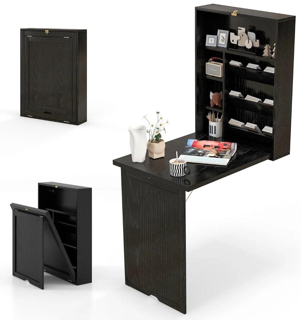 Secretária parede dobrável conversível com divisória de 3 níveis e prateleiras ajustáveis, Economiza espaço 60 x 94,5 x 151 cm Preto