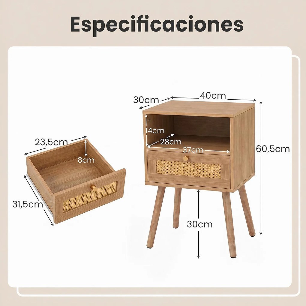 Conjunto de 2 Mesas de Cabeceira com Gaveta em Ratan, 40 x 30 x 60,5 cm, Pernas de Madeira Maciça, cor Madeira