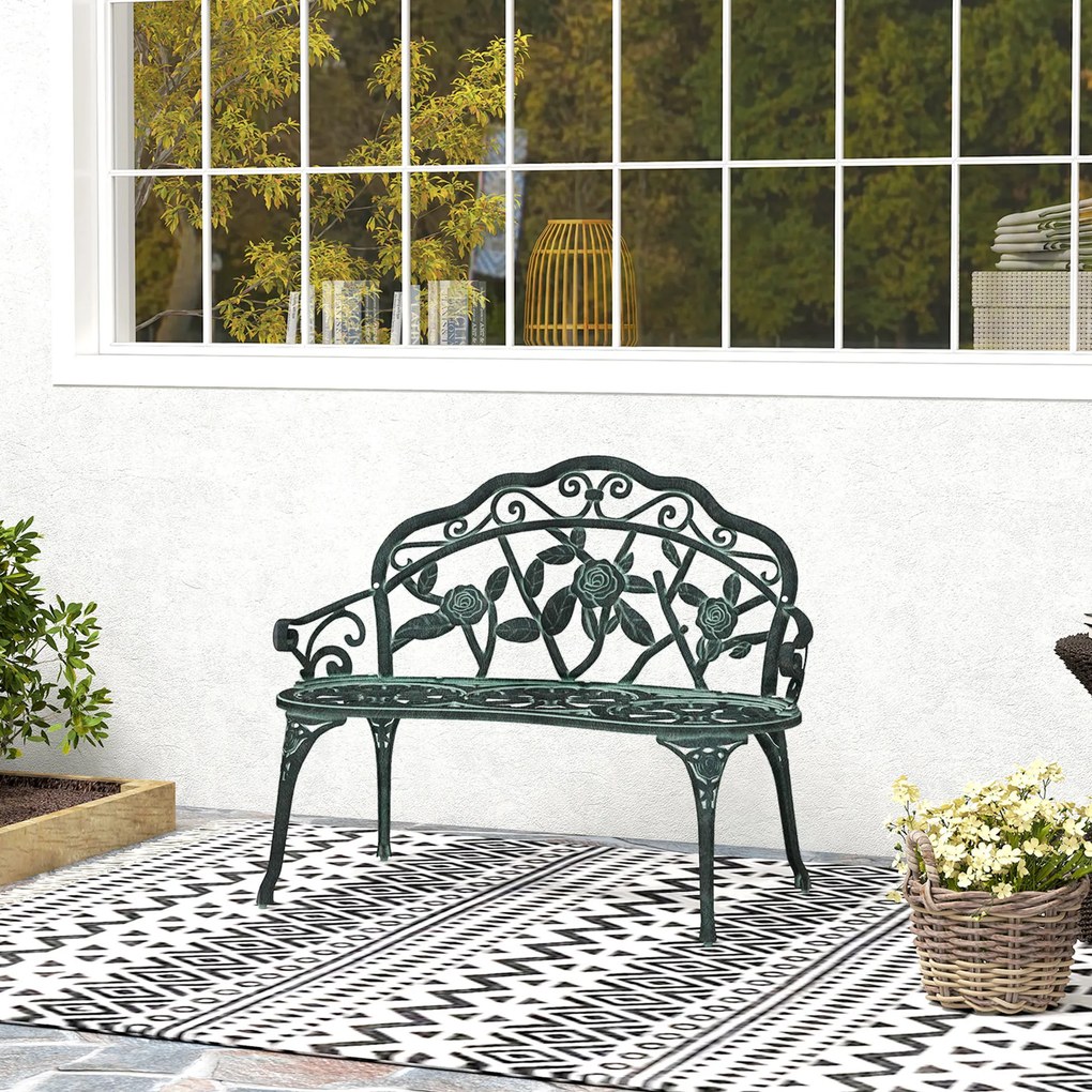 Banco de jardim de 2 lugares 100 x 54 x 78 cm , estilo néo-retro, com padrão de rosas e linhas cónicas, em fundição de alumínio, verde envelhecido