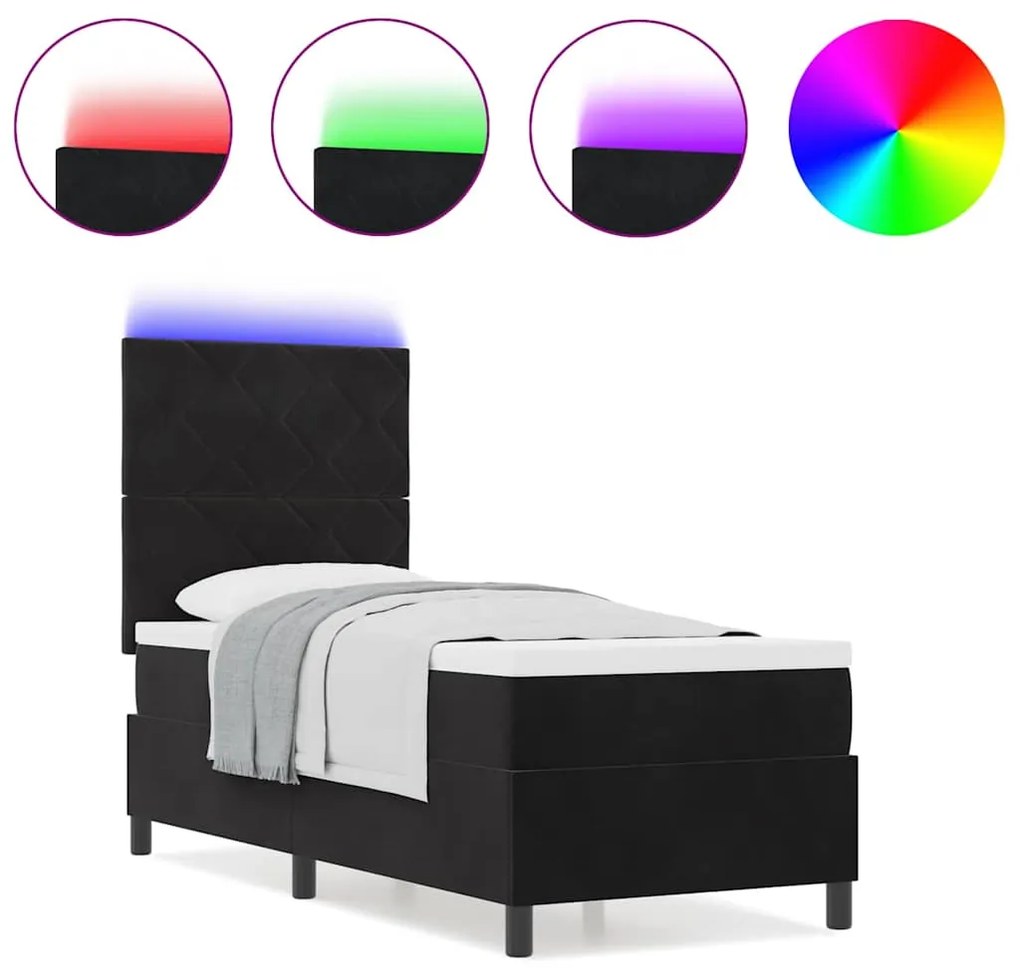 Cama Box Spring vidaXL com Colchão e LED Preto 80x200 cm Veludo