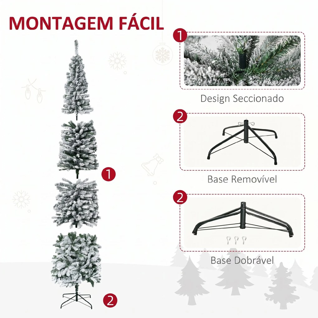 Árvore de Natal Estreita 270 cm com Efeito Neve, 1014 Ramos e Suporte Metálico, Verde e Branco