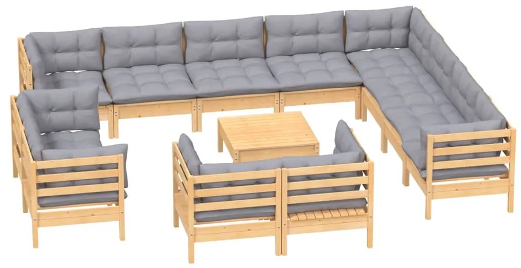 13pcs conjunto lounge de jardim + almofadões cinza pinho maciço
