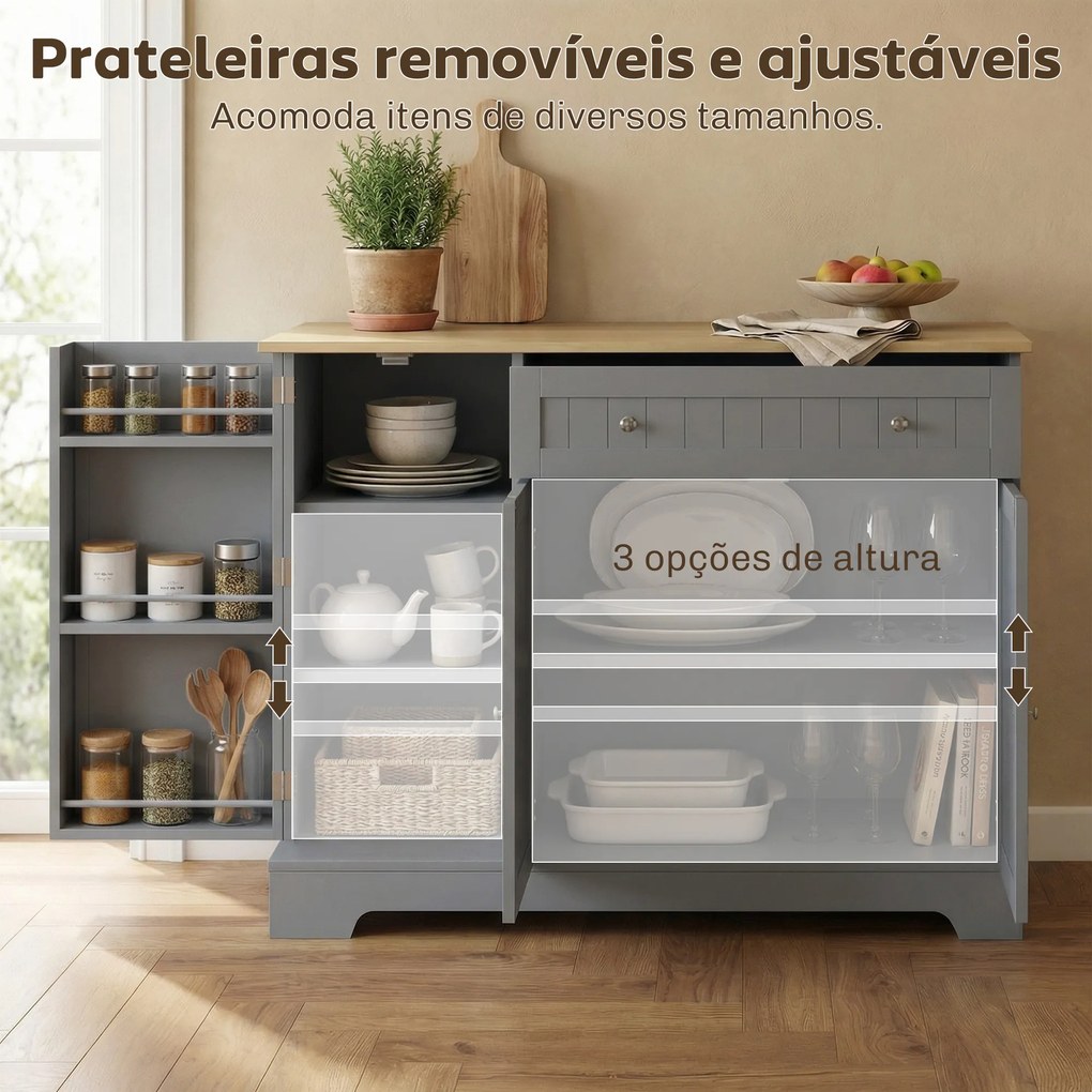 Aparador de Cozinha com 3 Prateleiras de Porta Gaveta e Prateleiras Ajustáveis para Sala de Jantar 105x40x83 cm Cinzento
