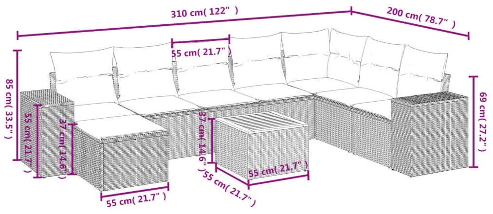 9 pcs conjunto de sofás p/ jardim c/ almofadões vime PE preto