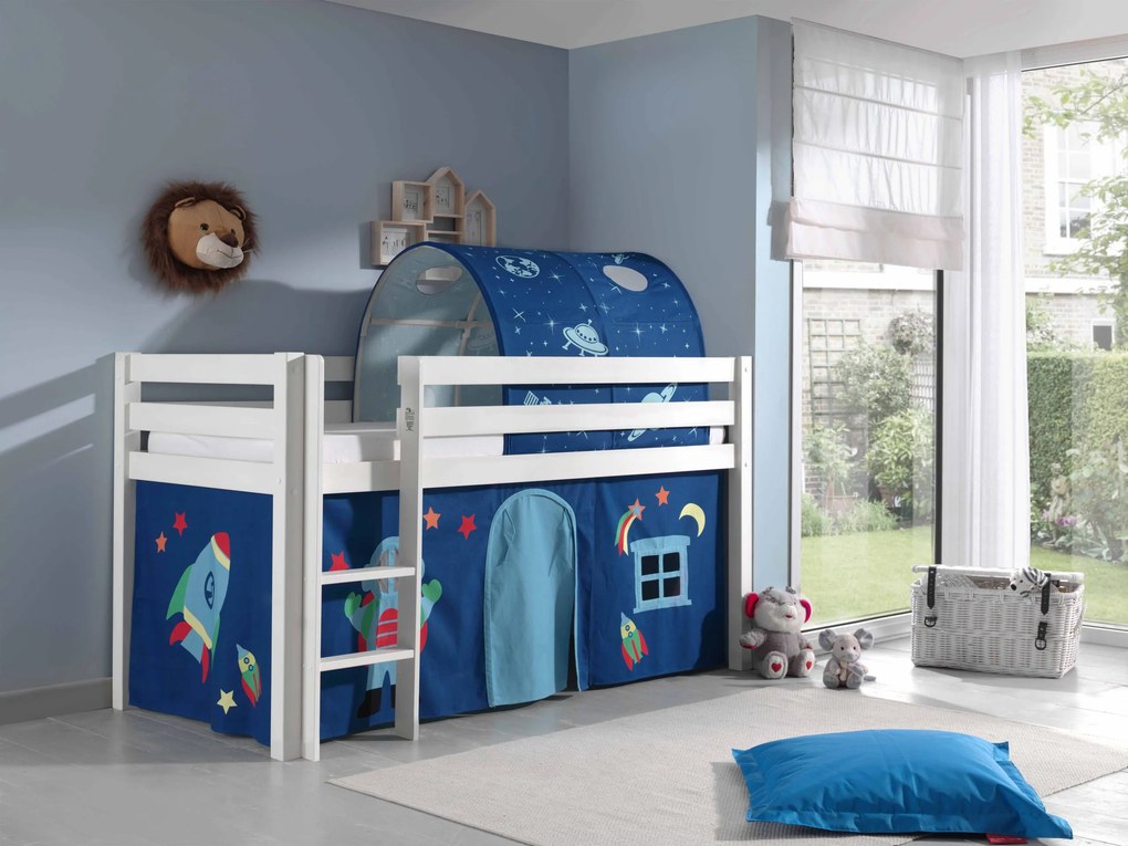 Conjunto Cama alta de Criança PINO 90 x 200 cm + estrado + escada + cortina + túnel Astronauta Branca