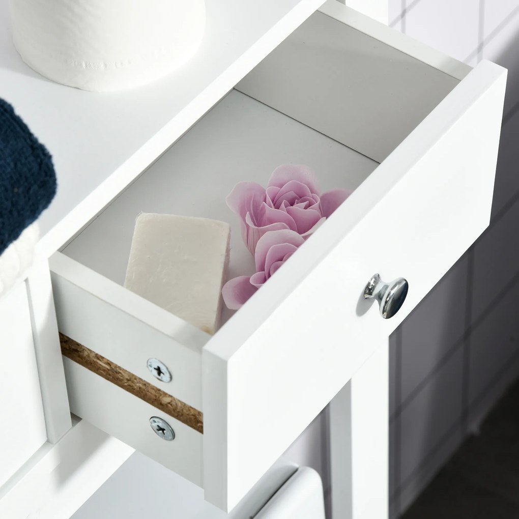 Kleankin Prateleira de banheiro Armário com 3 prateleiras e 2 gavetas com dispositivo anti-queda 60x20x165 cm Branco