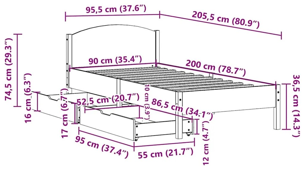 Cama sem colchão 90x200 cm madeira de pinho maciça branco