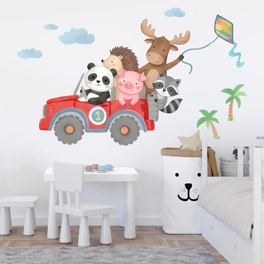 Autocolante de parede para crianças - Carro todo-o-terreno com animais