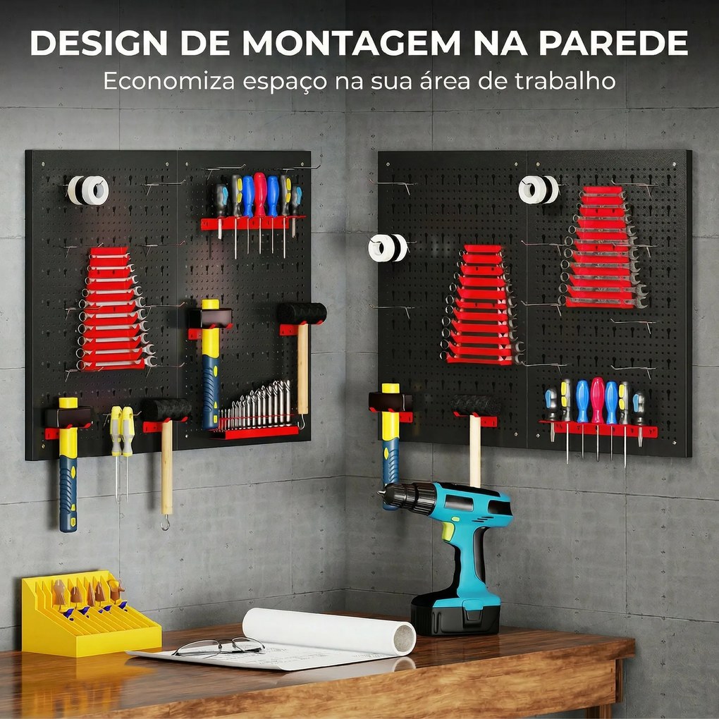 Organizador de Ferramentas de Parede com 38 Peças cada painel 60x40 cm com Ganchos e Suportes Preto e Vermelho