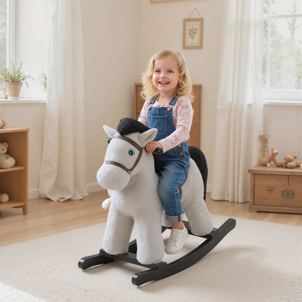 Cavalo de baloiço para crianças, brinquedo de baloiço para bebés em peluche com efeitos sonoros e boneca, 71 x 26 x 55 cm, cinzento
