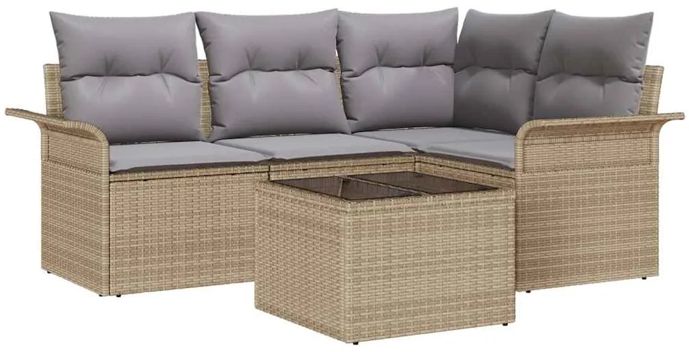 Conjunto de Sofá de Jardim de 5 Peças com Almofadas Preto Rattan Polié