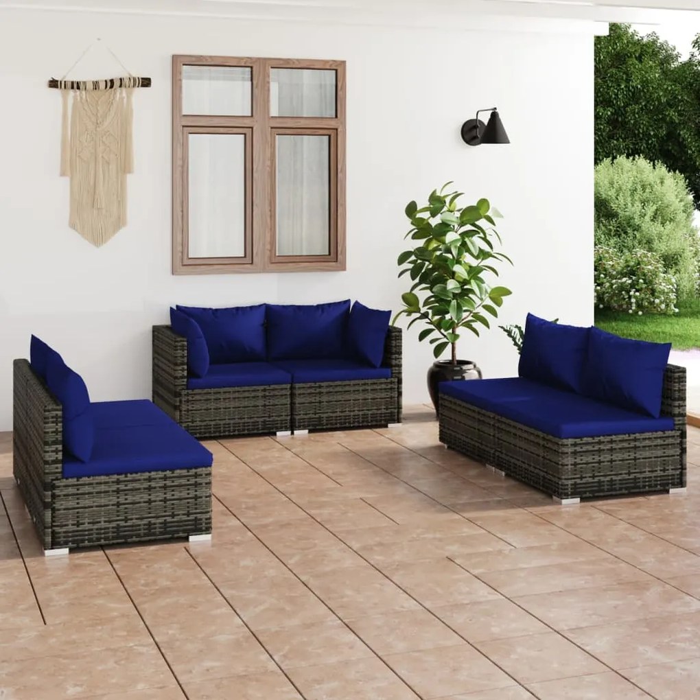 vidaXL 6 pcs conjunto lounge de jardim c/ almofadões vime PE cinza