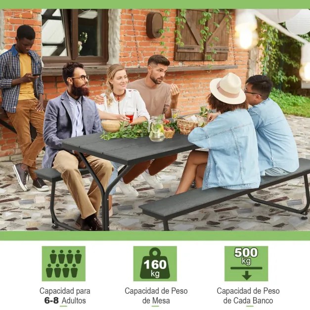 Conjunto de mesa de piquenique para exterior e 2 bancos para 8 adultos com estrutura metálica e tampo de mesa em PEAD para jardim, pátio e campismo Ci