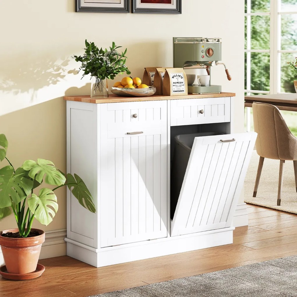 Armário para cozinha 100 x 33 x 90 cm com caixote do lixo oculto duplo rebatível, tampa de madeira e tábua de cortar e 2 gavetas estilo rústico Natura