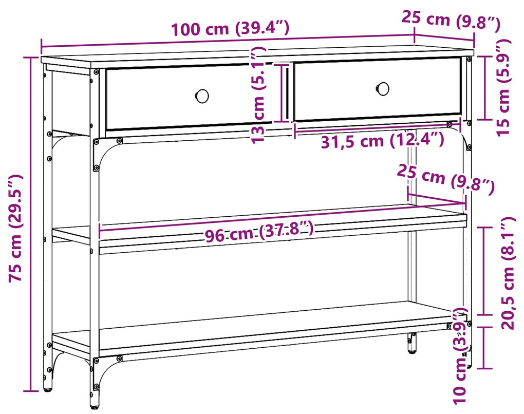 Mesa de Console Carvalho Artesanal 100x25x75 cm Madeira Composta e Aço