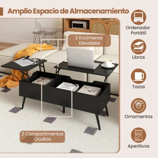 Mesa de centro moderna elevável com 2 compartimentos de armazenamento ocultos 111 x 48 x 40-53,5 cm Preta