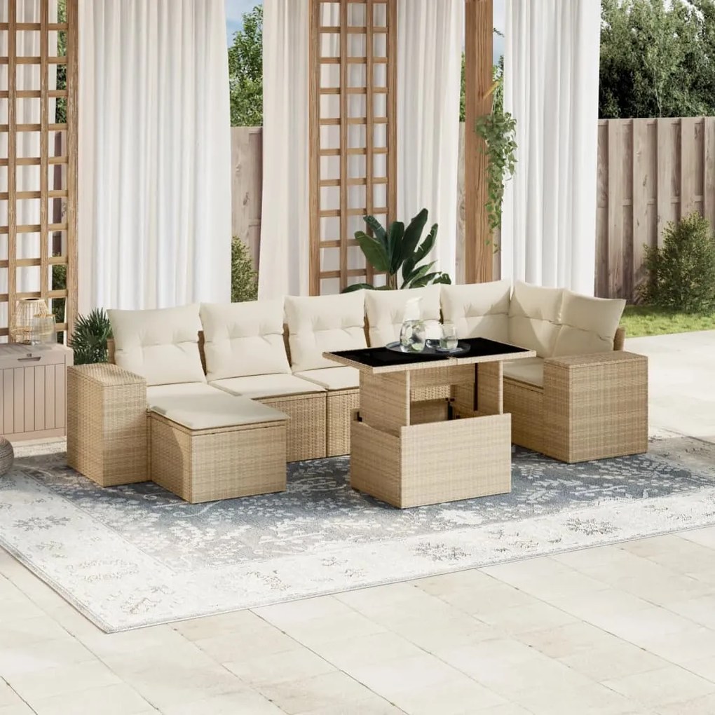 8 pcs conjunto de sofás p/ jardim com almofadões vime PE bege