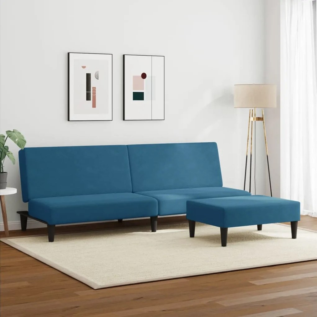 Sofá-cama 2 lugares c/ apoio de pés veludo azul