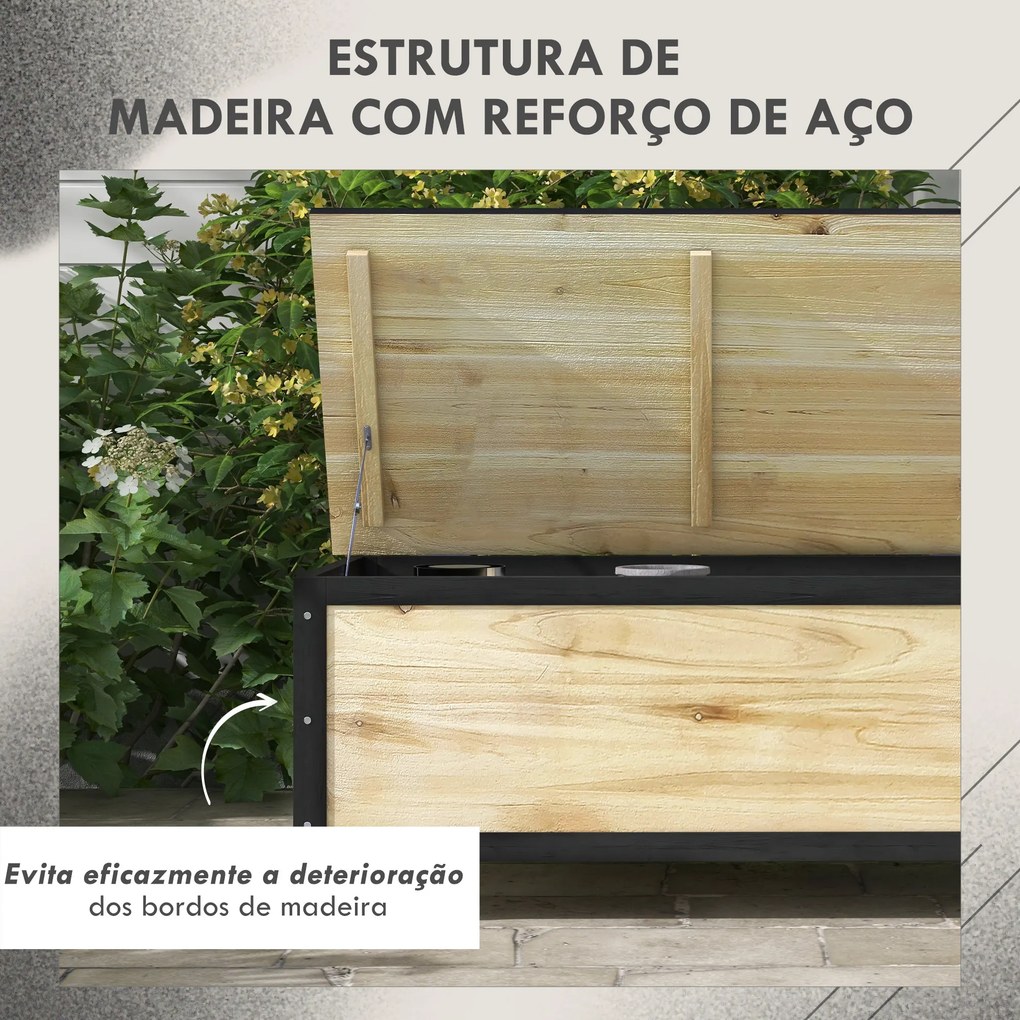 Baú de Exterior 121 L Baú de Armazenamento em Madeira com 4 Rodas para Jardim Pátio Varanda 100x50x43 cm Natural e Preto