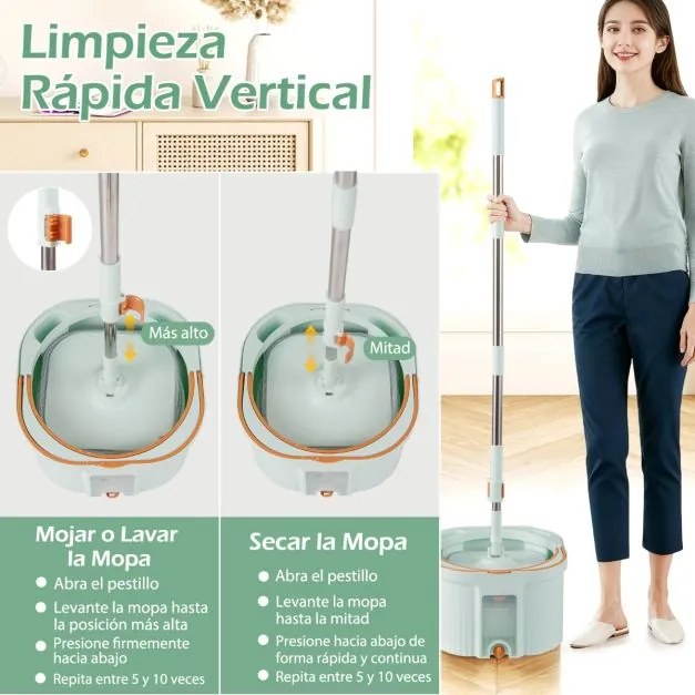 Esfregona giratória com balde separador de água limpa e suja Cabeça quadrada Autoescorregável Panos de microfibra verde menta