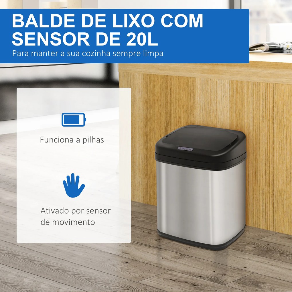 Balde de Lixo Automático 20L com Sensor Infravermelho Abertura Automática Cubo Amovível  33x25x42,5 cm Prata e Preto