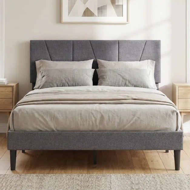 Estrutura de cama 140 x 200 cm (COLCHÃO NÃO INCLUIDO) com plataforma estofada, cabeceira geométrica ajustável em altura e ripas de madeira cinza