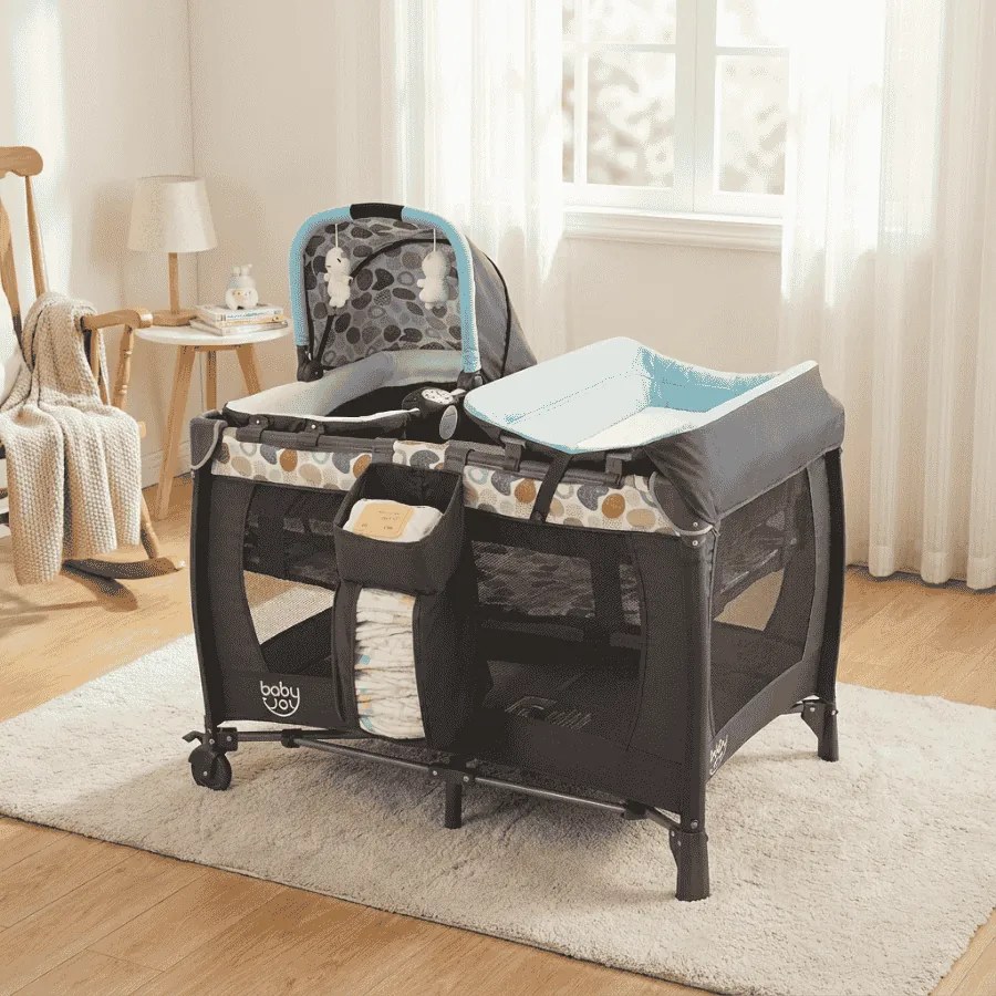 Berço dobrável e portátil 106 x 74 x 74 cm Parque infantil com berço de balanço e trocador Barra de brinquedos Caixa de música e bolsa de transporte C