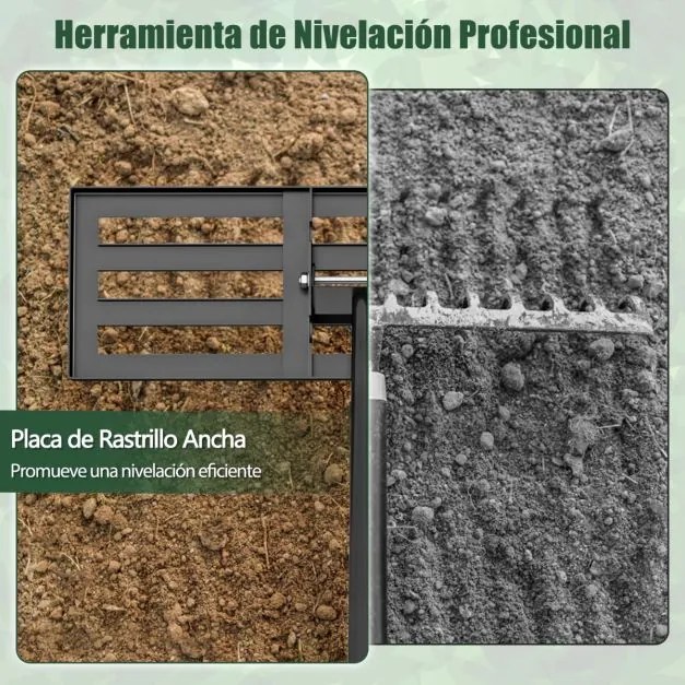 Ancinho nivelador de relva 75 x 25 cm com cabo ergonómico para solo de jardim, pátio, quinta - Preto