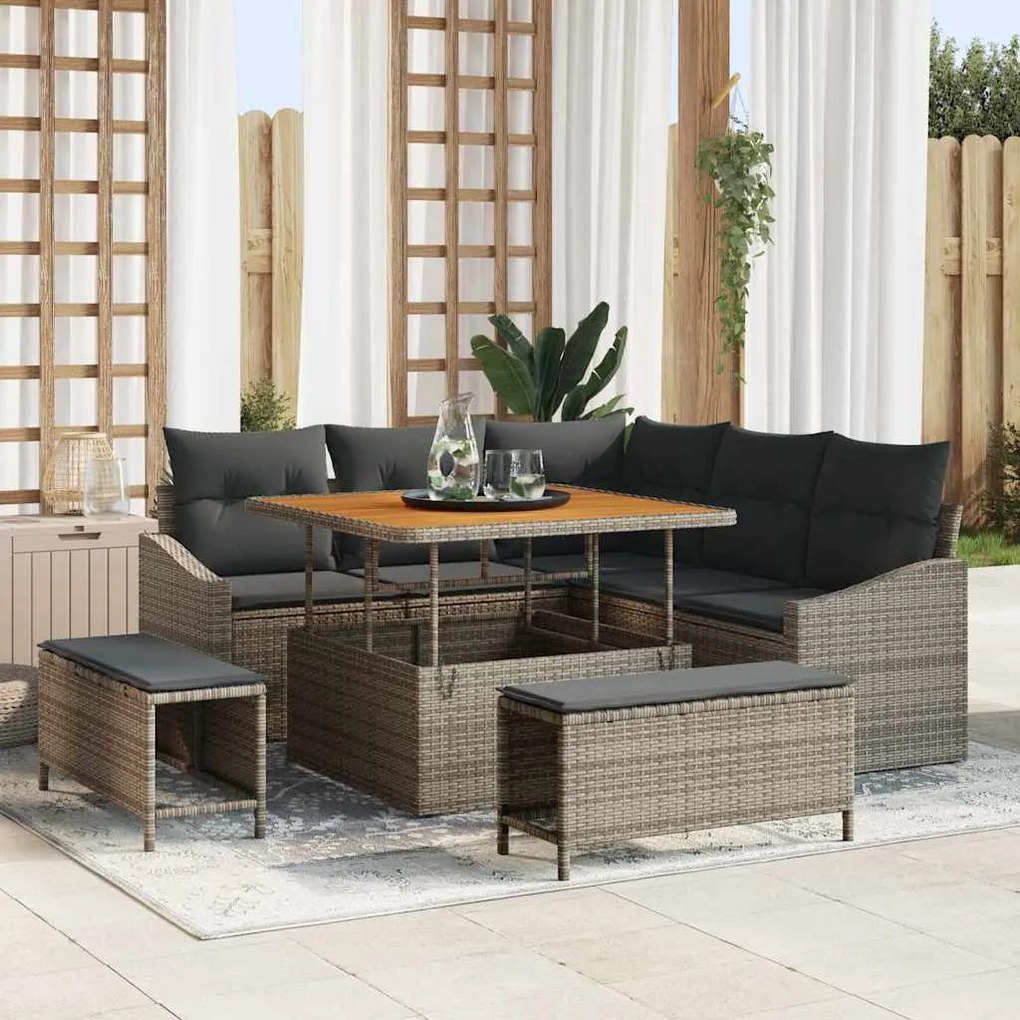 vidaXL Conjunto de Sofá de Jardim de 8 Peças com Almofadas Cinzas em Rattan Sintético e Acácia