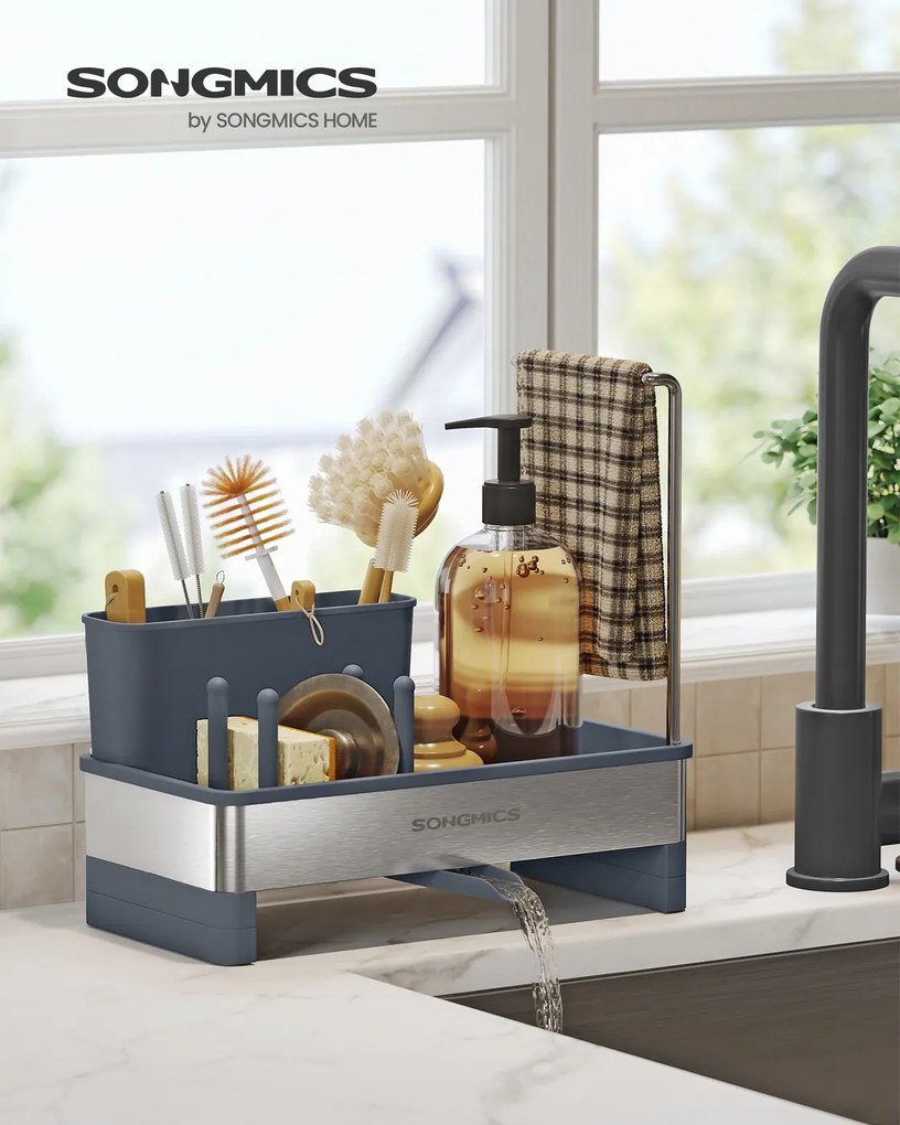Organizador para lava louça cozinha 12,7 x 24,7 x 23 cm com suporte para esponjas e escovas cinza ardósia-prateado
