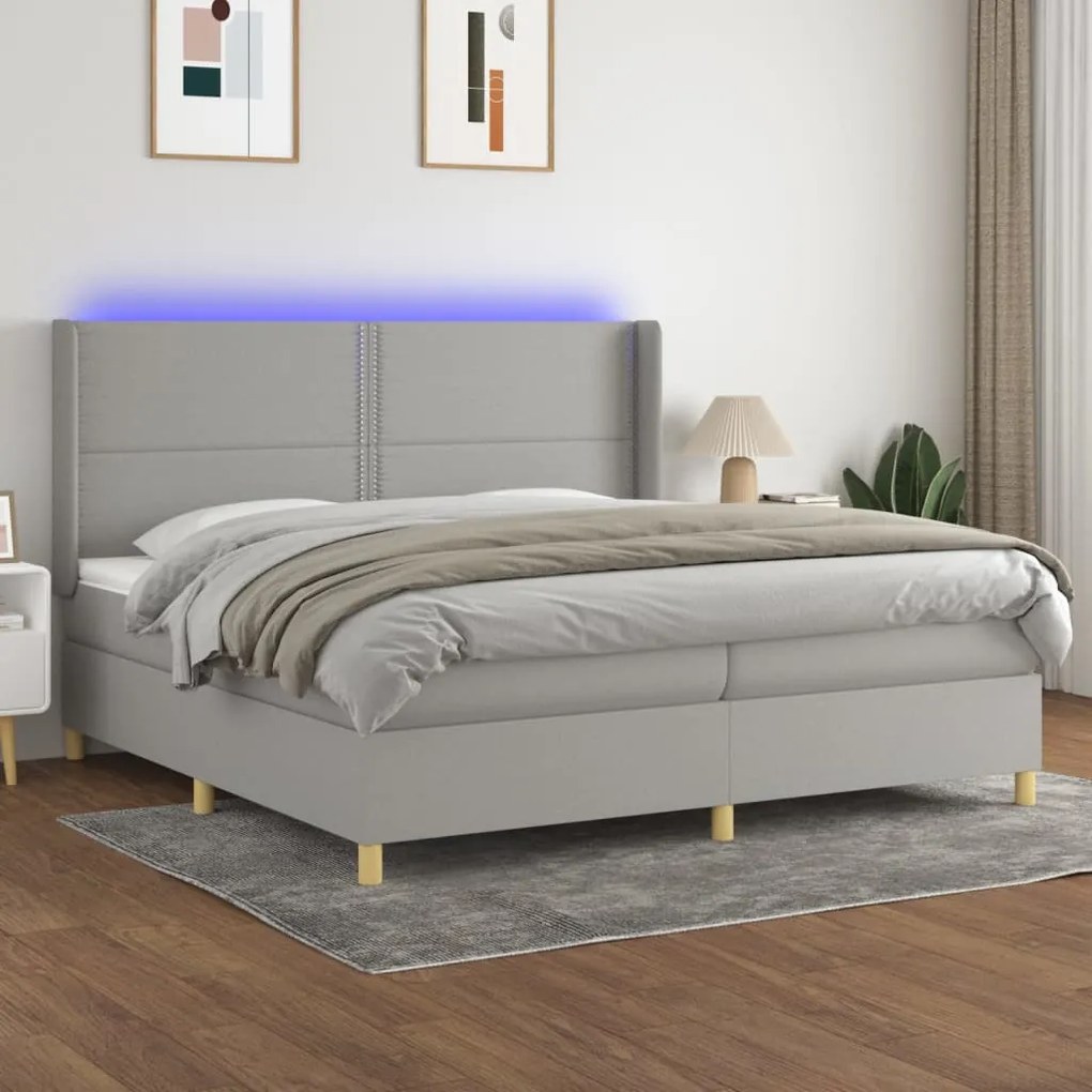 Cama box spring c/ colchão e LED 200x200 cm tecido cinza-claro