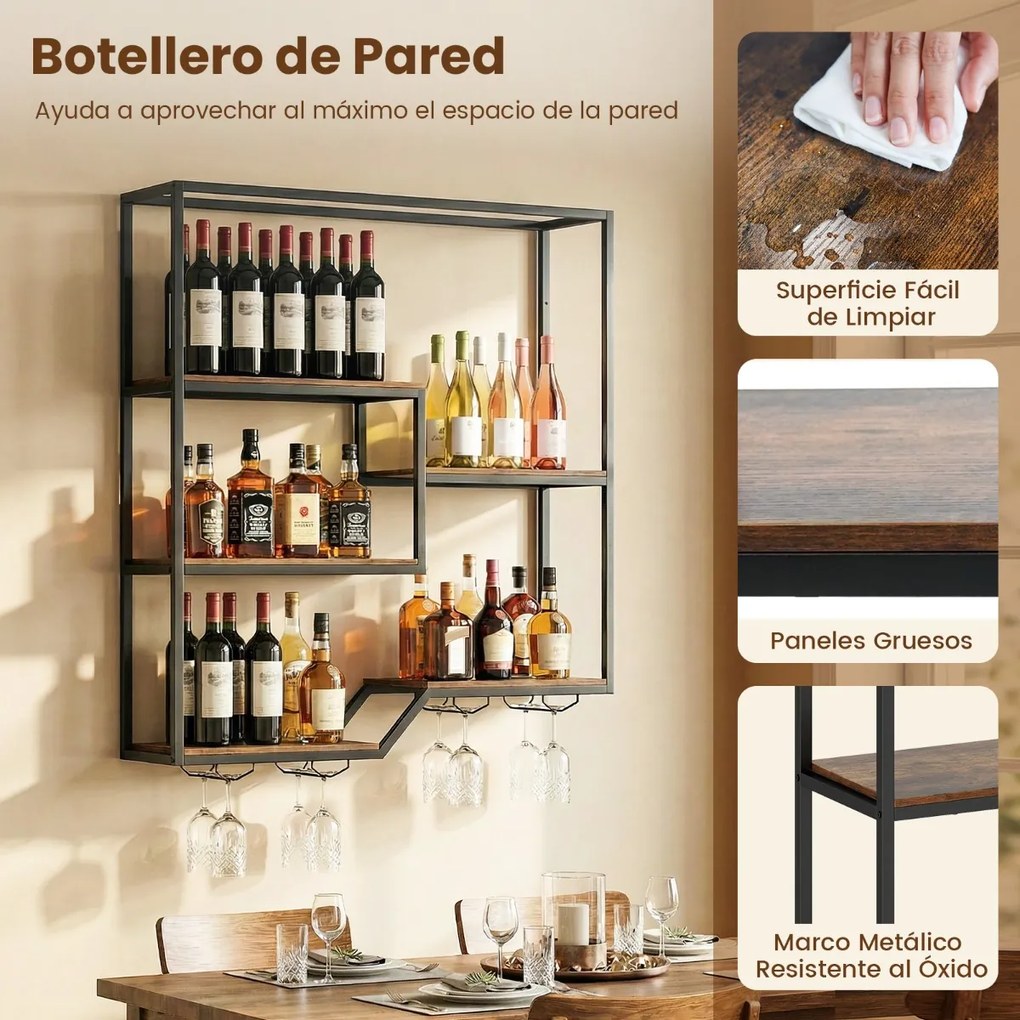 Garrafeira de parede para vinhos 102 x 30 x 112 cm com 6 prateleiras e suporte para copos Castanho rústico