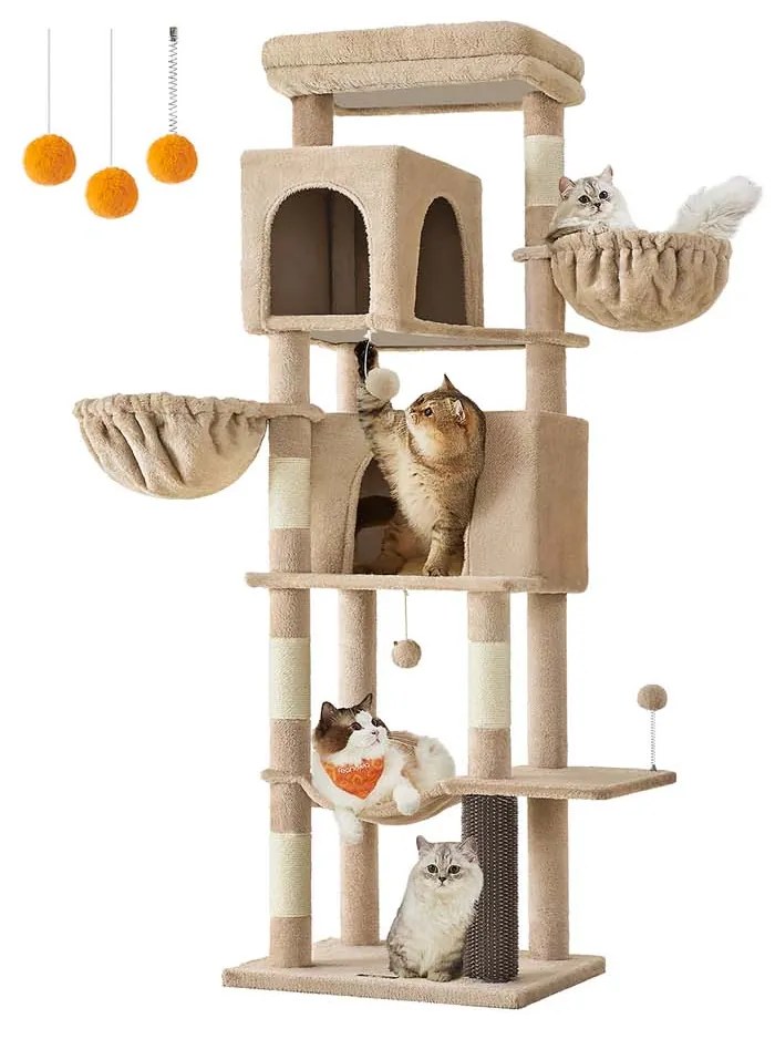 Arranhador para gatos com 175 cm de altura, 2 cavernas e 2 cavidades para descansar castanho camelo