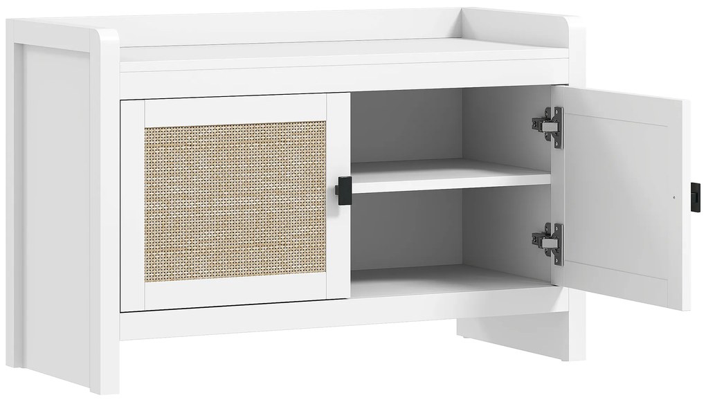 HOMCOM Banco Sapateira com Portas Frentes de Vime Prateleira para 8 Pares de Sapatos para Entrada Dormitório 80x35x52 cm Branco