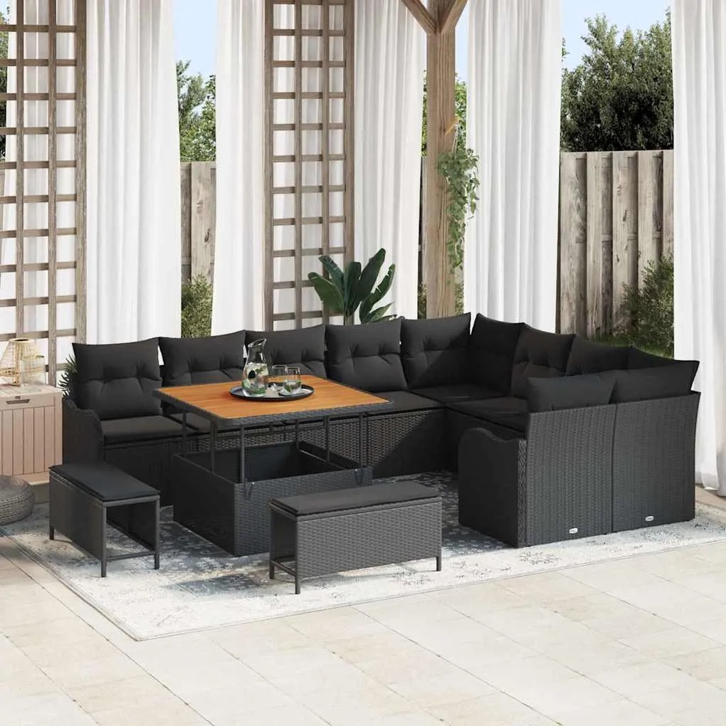 vidaXL Conjunto de Sofá de Jardim de 12 Peças com Almofadas de Rattan Preto e Acácia