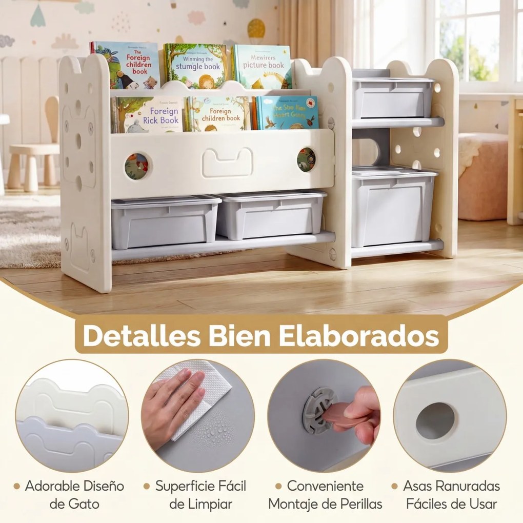 Organizador de brinquedos 2 em 1 com estante de 4 caixas e 3 prateleiras 114 x 36,5 x 63 cm, com tema de gatos, para quarto, sala de estar ou quarto d