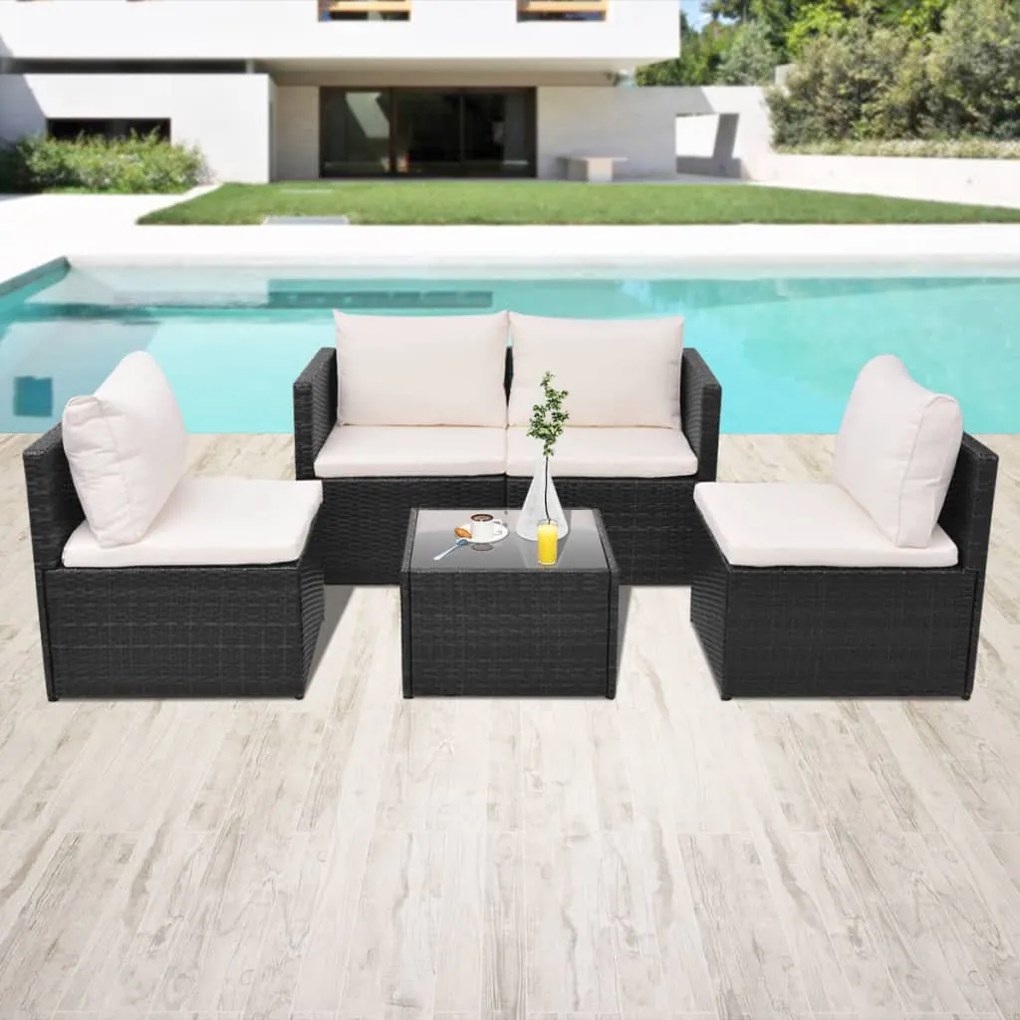 vidaXL 5 pcs conjunto lounge de jardim c/ almofadões vime PE preto
