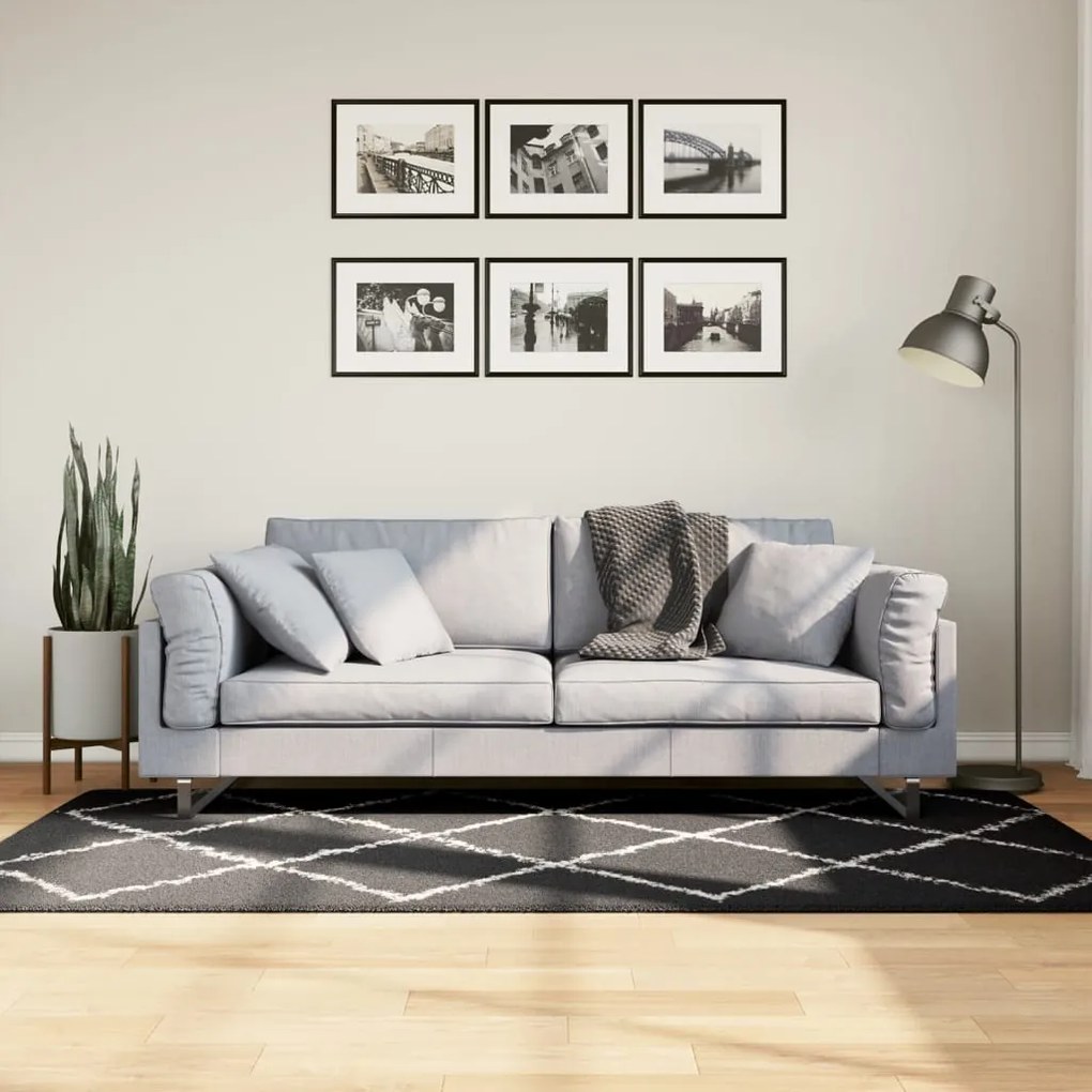 Tapete shaggy de pelo alto 100x200 cm preto e creme