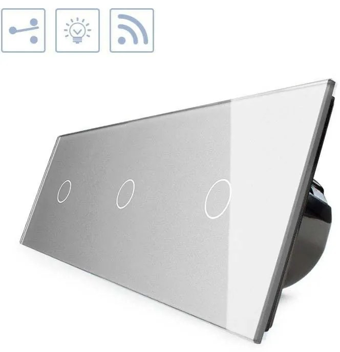 Comutador / interruptor 3 módulos 3 botões tátil + função controlo remoto, Painel frente cinzento vidro temperado