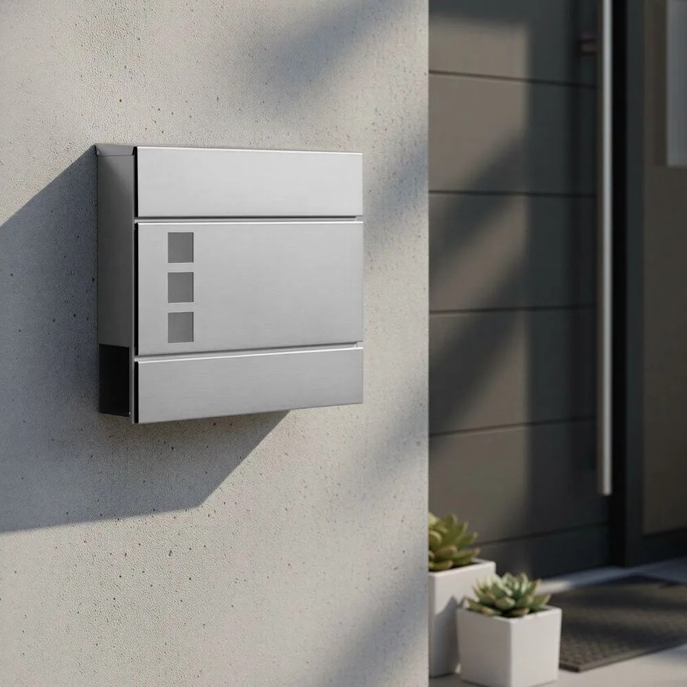 Caixa de correio de parede 37 x 10,5 x 37 cm com compartimento para jornais, prateada