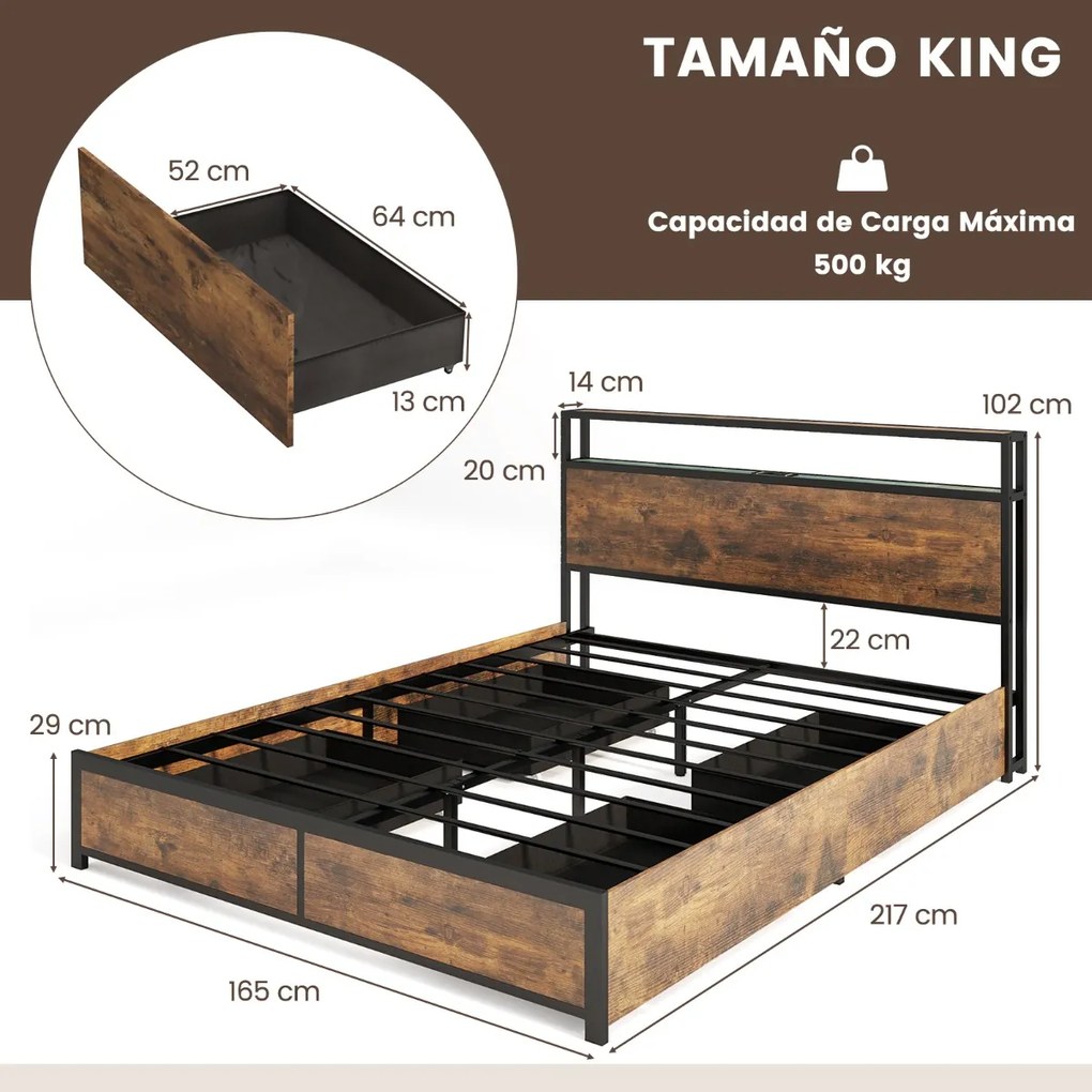 Estrutura de cama de casal 200 x 160 Cabeceira com luz LED RGB 4 gavetas de arrumação Ligação USB Castanho rústico + preto