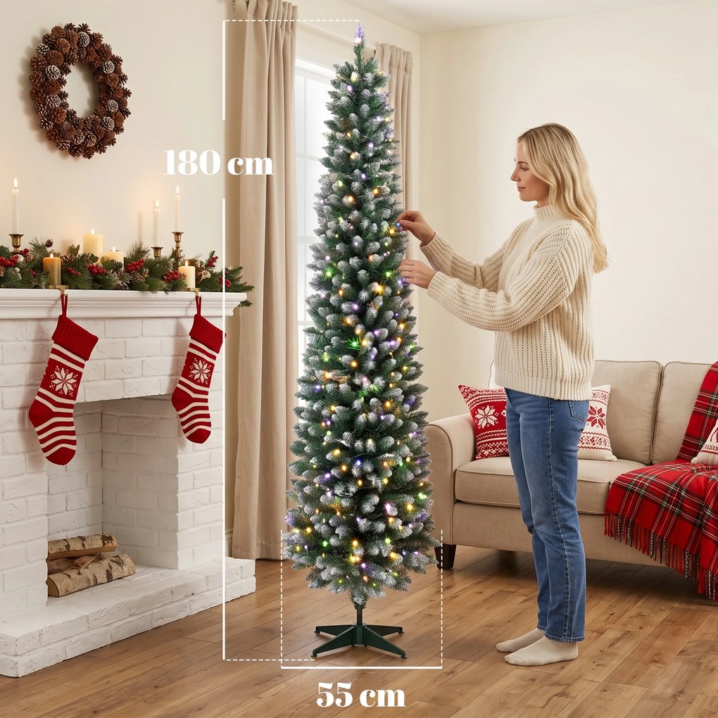 Árvore de Natal Estreita Pré-iluminada 180 cm, LEDs de Dupla Cor, Efeito Nevado, Comando, 11 Modos, 351 Pontas, 170 LEDs, Verde/Branco